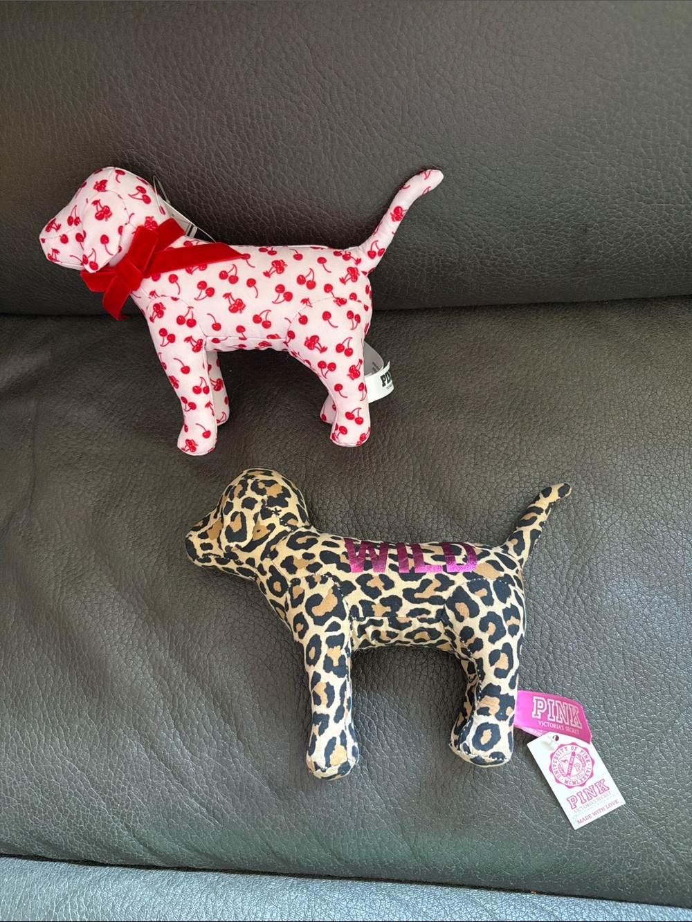 Victoria secret PINK set of two stuffed animal dogs in leopard and cherry - Picture 1 of 5
